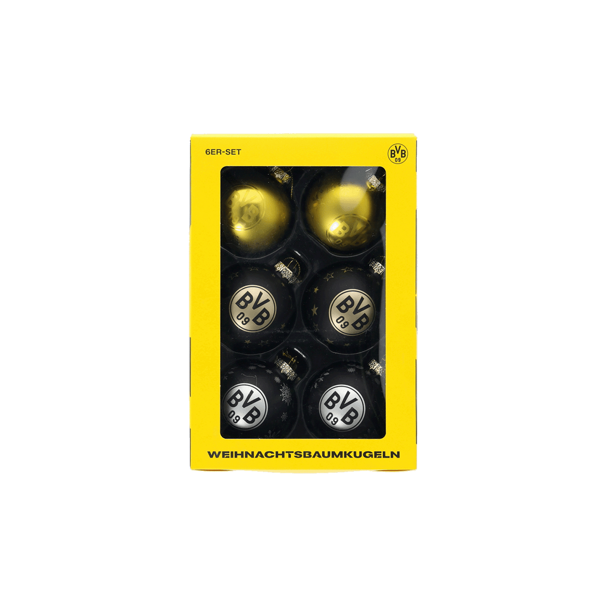 BVB Weihnachtsbaumkugel-Set mit sechs Kugeln, im schwarzgelben Design und BVB 09-Logo, ideal für Weihnachtsdekorationen.