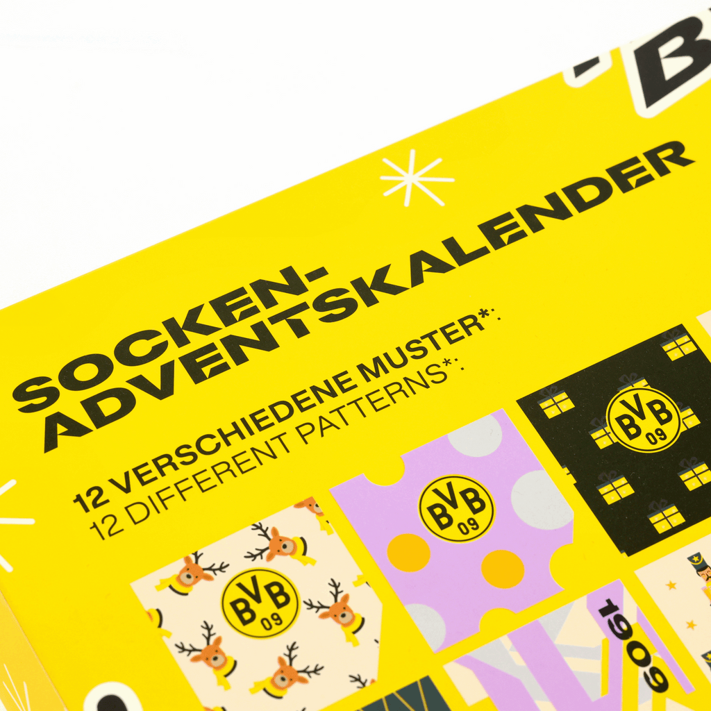 BVBの2026年ソックスカレンダーの正面図。黒と黄色のデザインで、12種類の柄が揃っています。