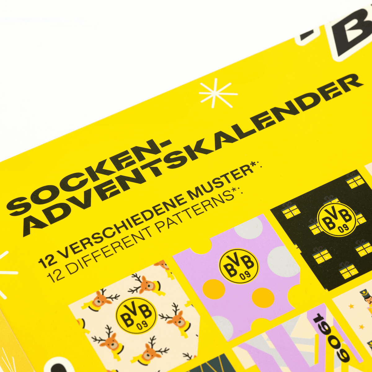BVBの2026年ソックスカレンダーの正面図。黒と黄色のデザインで、12種類の柄が揃っています。