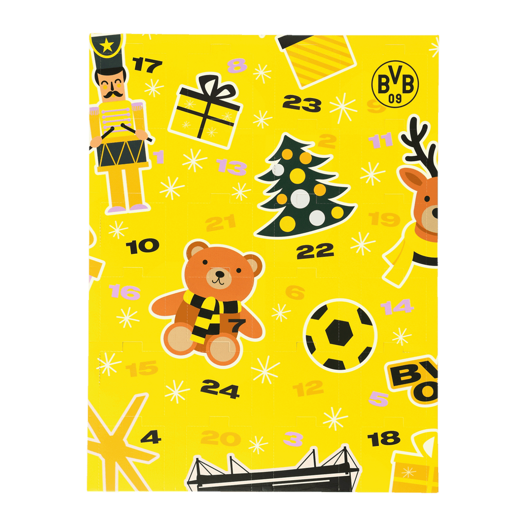 BVBアドベントカレンダー2026。ブラック＆イエローのクリスマスをテーマにしたデザインで、スタジアムとBVBのロゴが施されています。正面図。