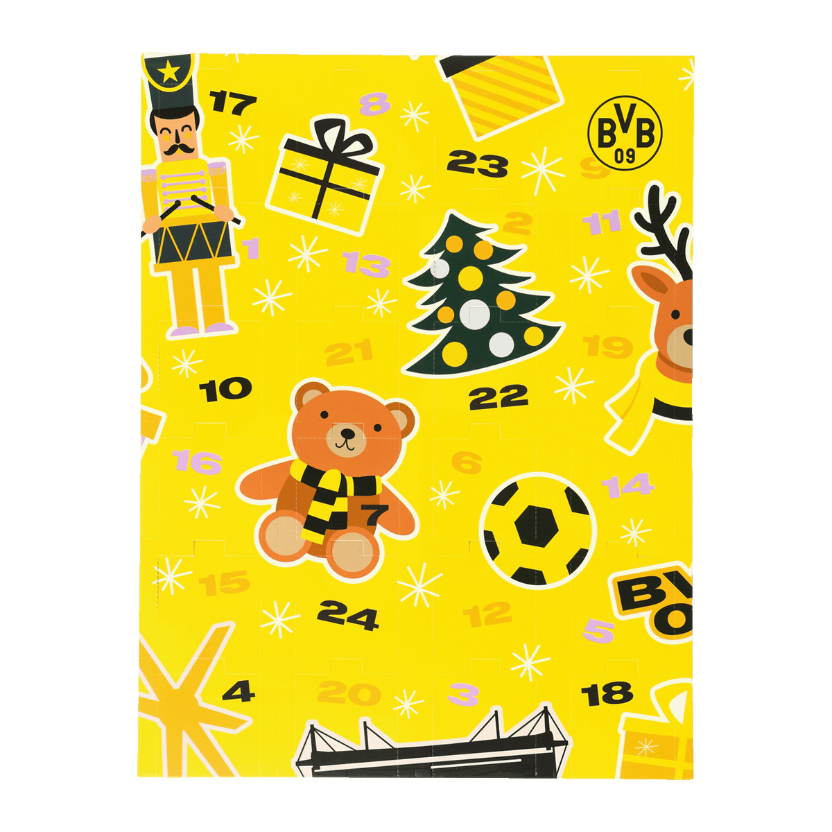 BVB Adventskalender 2026 mit weihnachtlichen Motiven in schwarzgelb, inklusive Stadion und BVB-Logo. Vorderansicht.