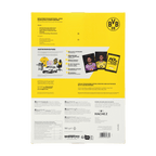 Rückansicht eines BVB-Adventskalenders in schwarzgelbem Design mit Fanartikel-Übersicht, Gewinnspiel und Hachez-Schokolade.
