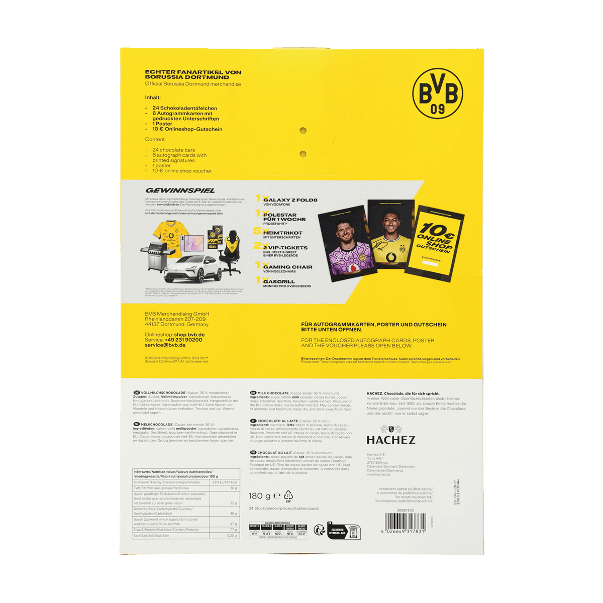 Rückansicht eines BVB-Adventskalenders in schwarzgelbem Design mit Fanartikel-Übersicht, Gewinnspiel und Hachez-Schokolade.