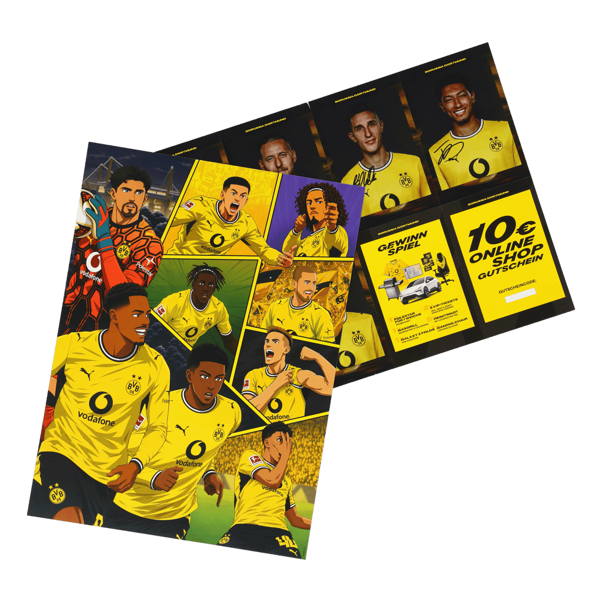 Adventskalender im BVB-Comic-Design mit schwarzgelben Motiven und beliebten Spielern von Borussia Dortmund, perfekt für Fans.