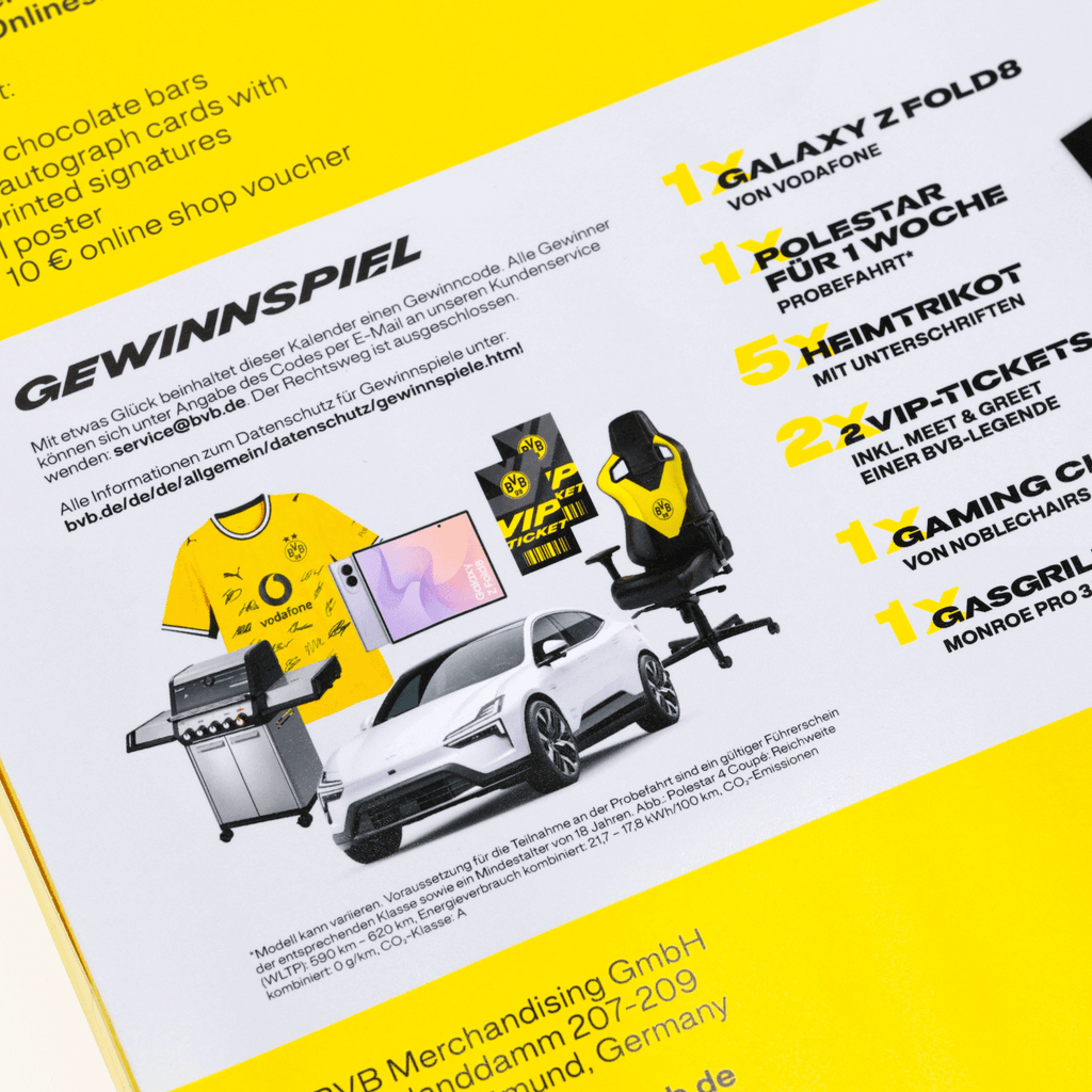 BVB Comic Advent Calendar 2026 with a black-and-yellow design and a built-in contest; includes exclusive fan merchandise for Borussia Dortmund fans.