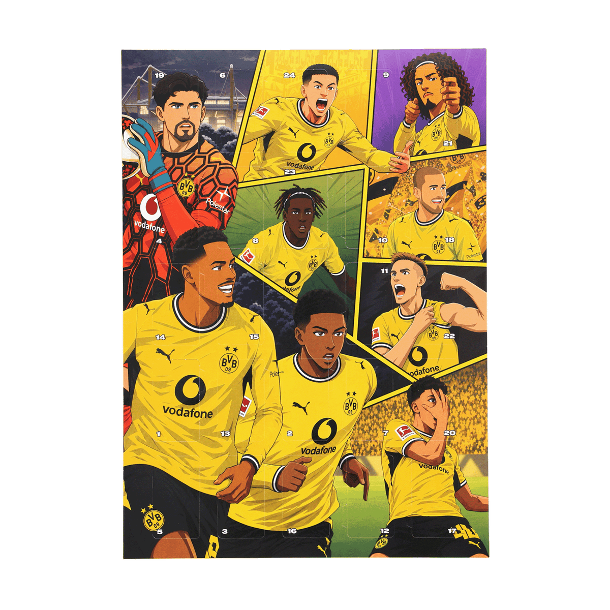 Adventskalender mit Comic-Zeichnungen von Borussia-Dortmund-Spielern in schwarzgelben Trikots, ideal als Weihnachtsgeschenk für BVB-Fans.