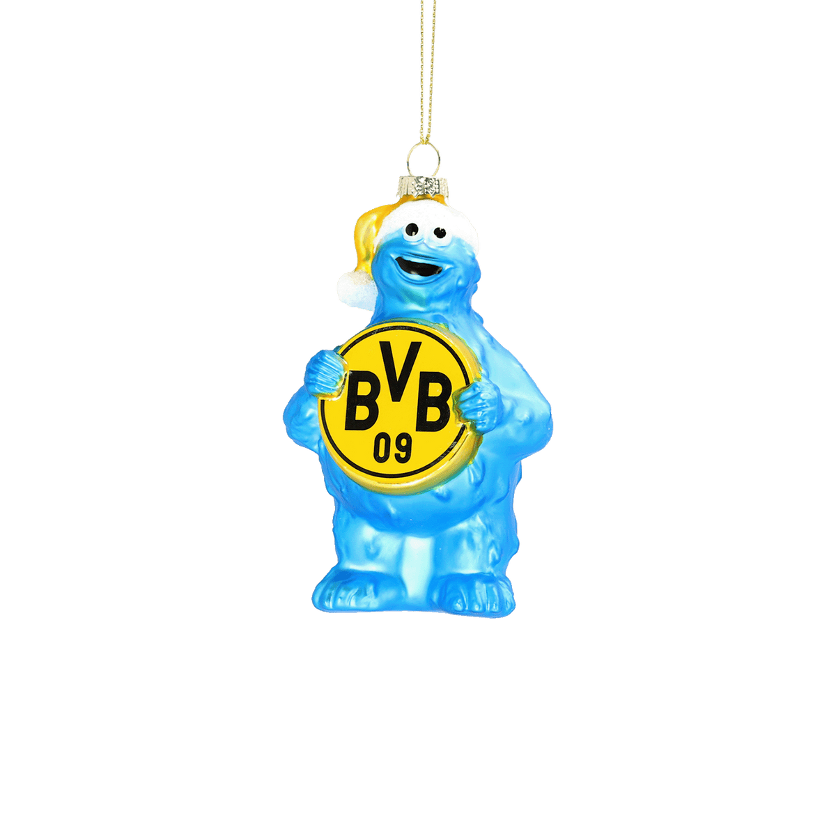BVBのクリスマス装飾：黄色い「BVB 09」のプレートとクリスマス帽をかぶった青いフィギュアで、ツリーの飾りとして使えます。