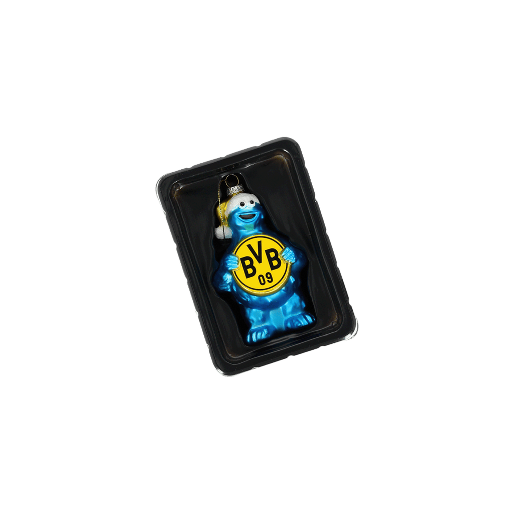 A blue Christmas tree ornament shaped like a character. It holds a yellow BVB emblem and wears a white hat. Perfect as a BVB fan item and Christmas decoration.