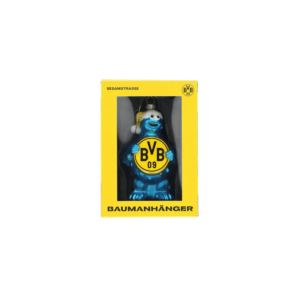 Blue Christmas ornament featuring a Sesame Street design with the BVB 09 emblem, presented in yellow packaging.