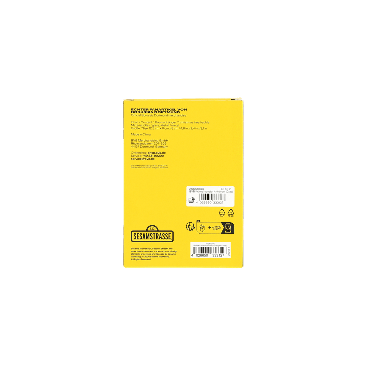 The yellow back of the BVB Christmas ornament's packaging, featuring a Sesame Street design, displays product details and logos.