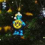 BVB-Weihnachtsanhänger in Form eines blauen Krümelmonsters aus Glas, das ein schwarzgelbes BVB-09-Emblem hält, passend als Baumdekoration oder Fanartikel.