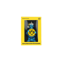 Colgante navideño azul con el diseño de Barrio Sésamo y el escudo del BVB 09, presentado en un embalaje amarillo.
