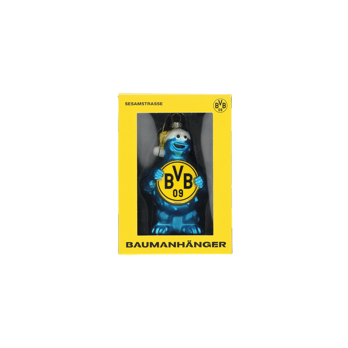 『セサミストリート』のデザインを施した青いクリスマスチャーム。BVB 09のエンブレムがあしらわれ、黄色のパッケージに入っています。
