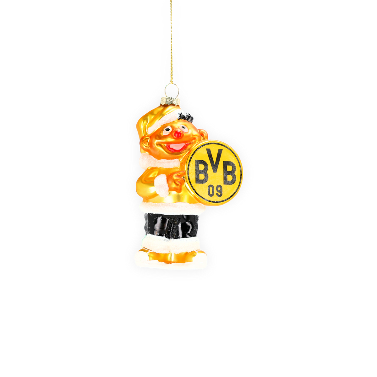 Glass Christmas ornament shaped like Ernie, designed in black and yellow with the BVB logo—perfect for Borussia Dortmund fans.