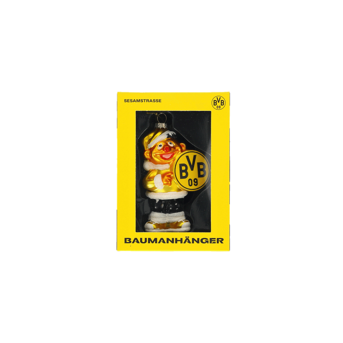 BVB Ernie glass ornament for the Christmas tree, designed in black and yellow with the BVB 09 logo, in gift packaging.