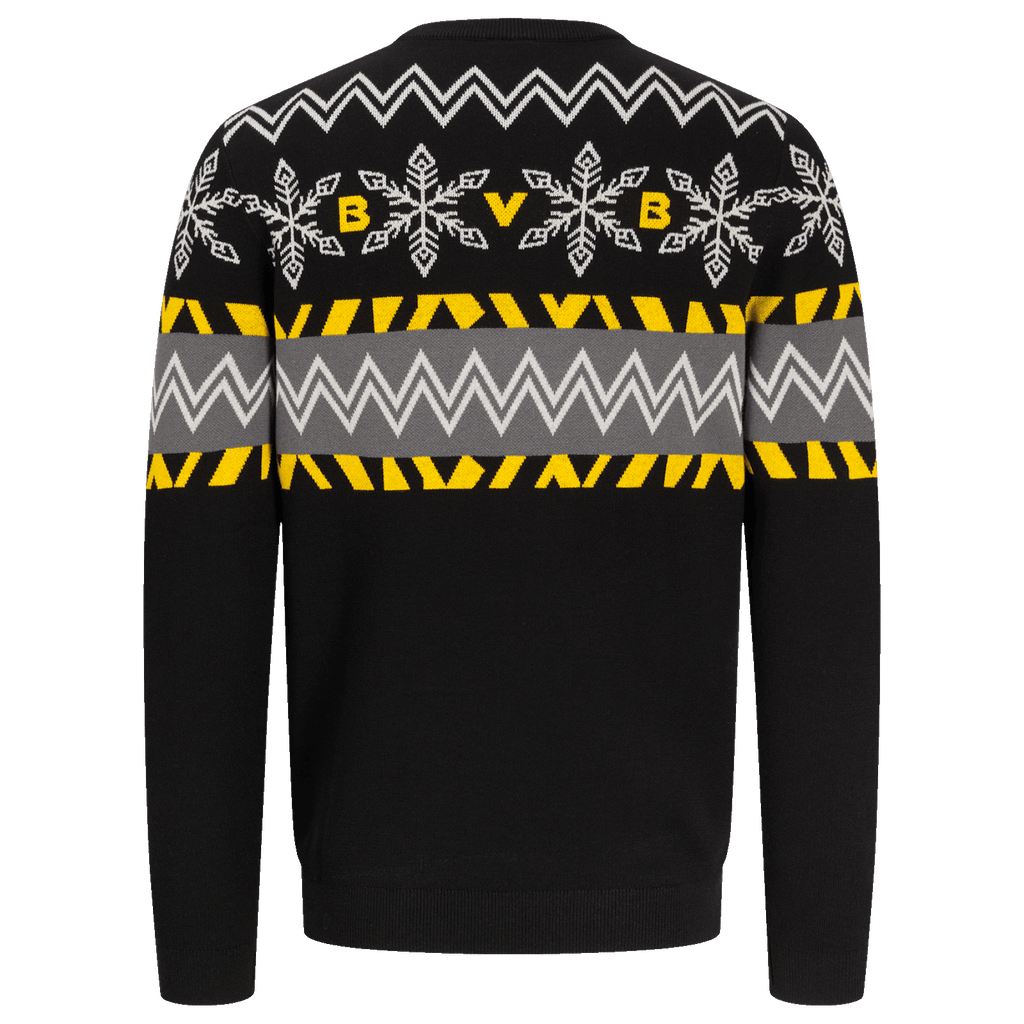 Schwarzer BVB-Pullover in der Rückansicht mit gelb-wei ßem Schneeflocken- und Zickzack-Muster, ideal für Fans von Borussia Dortmund.