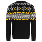 Schwarzer BVB-Pullover in der Rückansicht mit gelb-wei ßem Schneeflocken- und Zickzack-Muster, ideal für Fans von Borussia Dortmund.