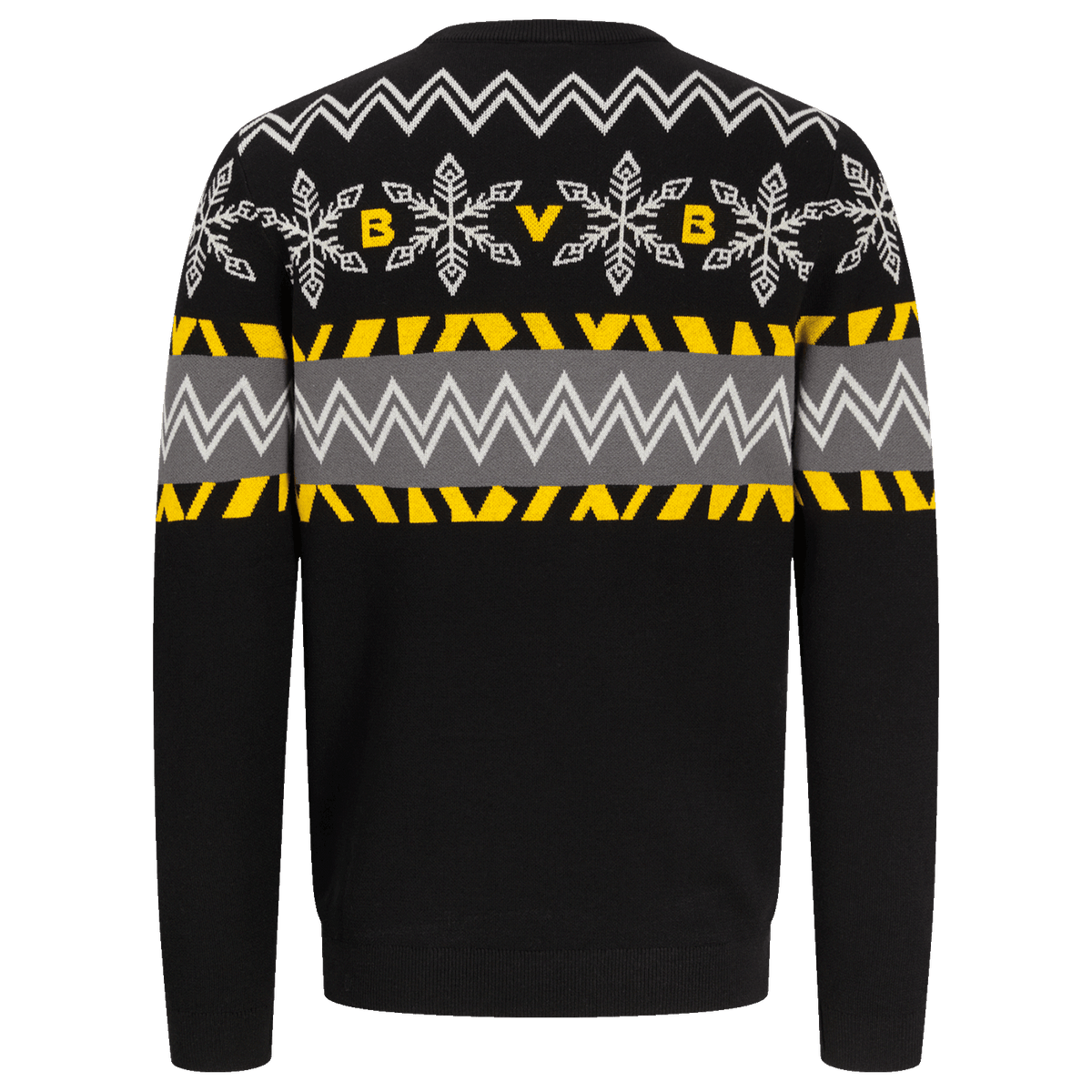 Schwarzer BVB-Pullover in der Rückansicht mit gelb-wei ßem Schneeflocken- und Zickzack-Muster, ideal für Fans von Borussia Dortmund.