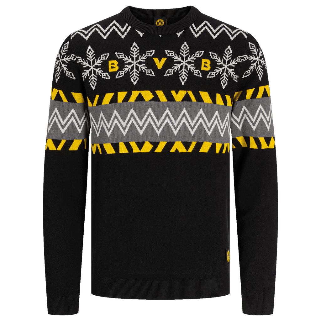 Schwarzer BVB-Pullover mit gelben und grauen Elementen, Schneeflocken-Motiv, Zickzack-Muster und BVB-Logo auf der Brust.