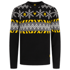 Schwarzer BVB-Pullover mit gelben und grauen Elementen, Schneeflocken-Motiv, Zickzack-Muster und BVB-Logo auf der Brust.