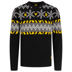 Schwarzer BVB-Pullover mit gelben und grauen Elementen, Schneeflocken-Motiv, Zickzack-Muster und BVB-Logo auf der Brust.