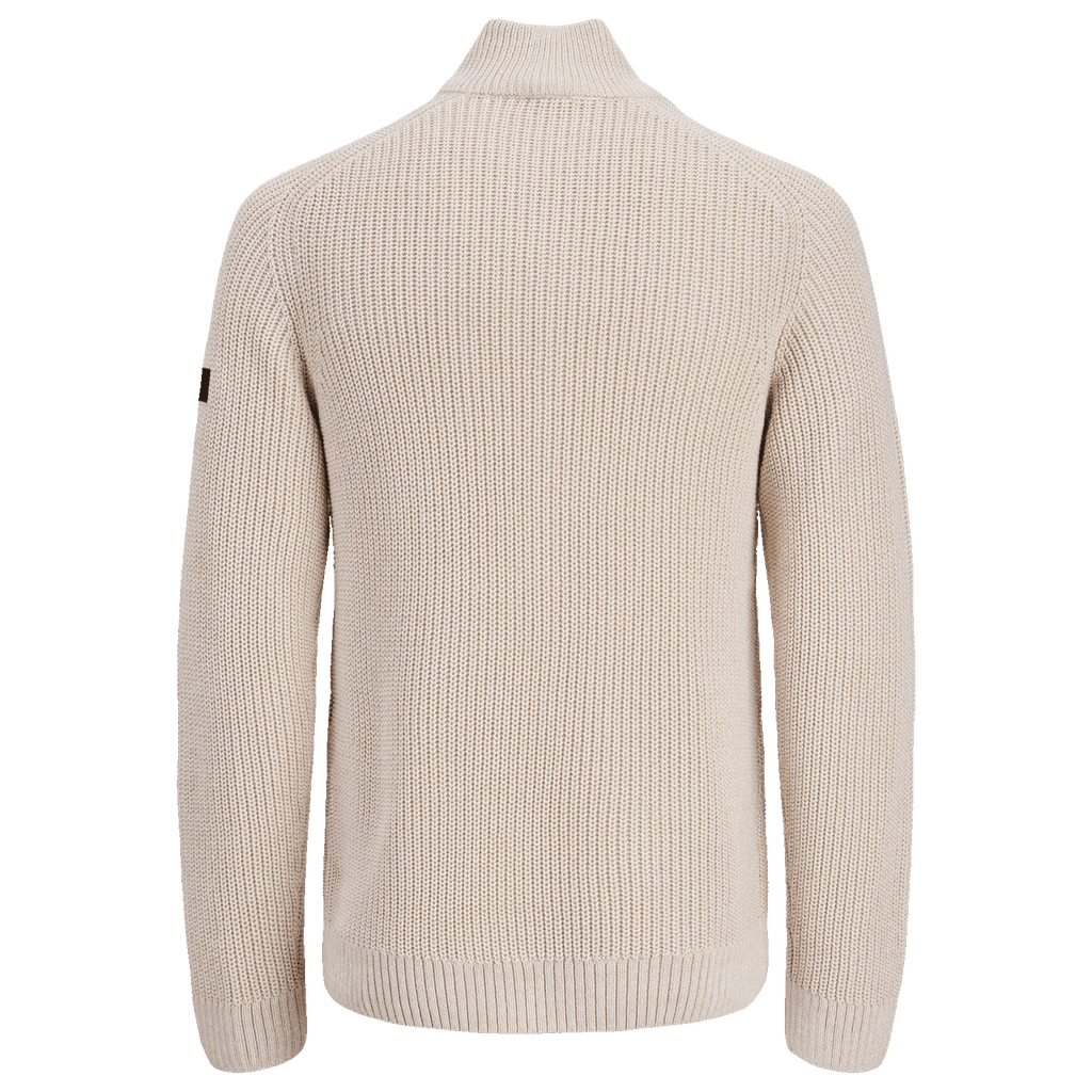 Beiger BVB-Strickpullover in Rückansicht, geeignet für die kalte Jahreszeit, mit langen Ärmeln und grober Strickstruktur.