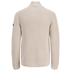 Beiger BVB-Strickpullover in Rückansicht, geeignet für die kalte Jahreszeit, mit langen Ärmeln und grober Strickstruktur.