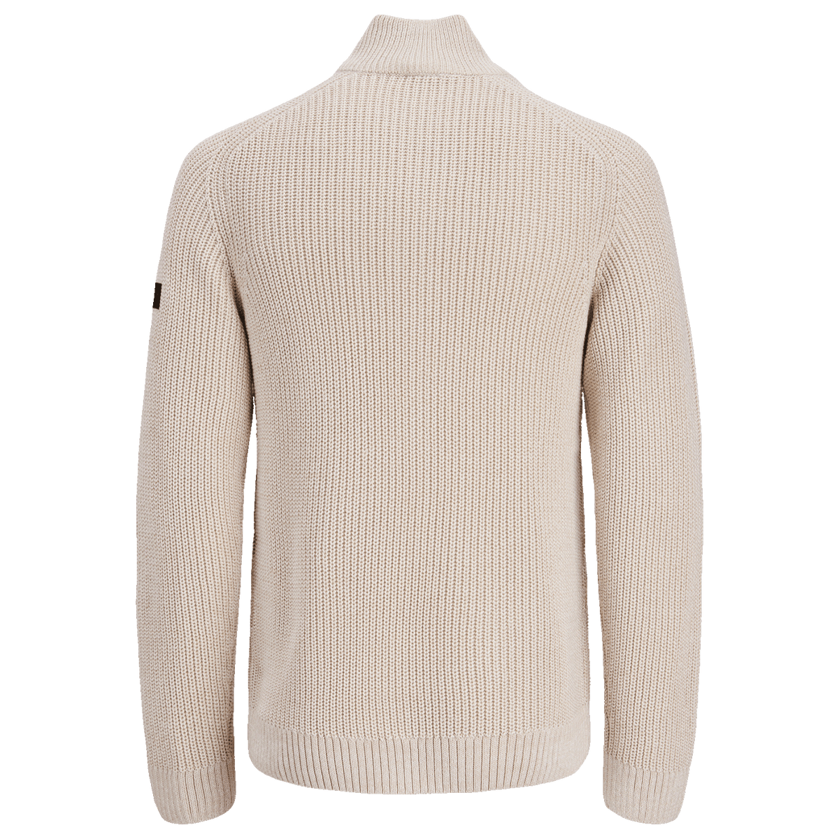 Beiger BVB-Strickpullover in Rückansicht, geeignet für die kalte Jahreszeit, mit langen Ärmeln und grober Strickstruktur.