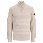 Beiger BVB-Winterpullover aus weichem Strickmaterial mit Stehkragen, kurzem Reißverschluss und gestreiftem Strukturmuster, ideal für kühle Tage.