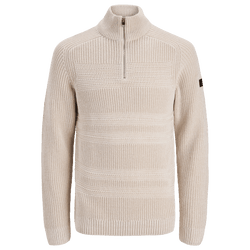 Jersey de invierno del BVB en color beige, confeccionado en un suave tejido de punto, con cuello alto, cremallera corta y diseño a rayas con textura, ideal para los días frescos.
