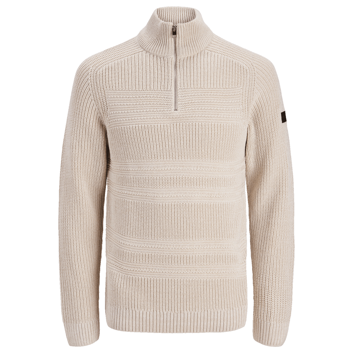 Beiger BVB-Winterpullover aus weichem Strickmaterial mit Stehkragen, kurzem Reißverschluss und gestreiftem Strukturmuster, ideal für kühle Tage.