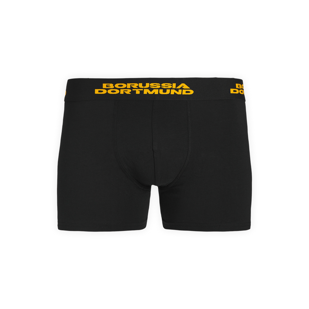 黑色多特蒙德（BVB）平角裤，裤腰处印有黄色“Borussia Dortmund”字样，正面视图。