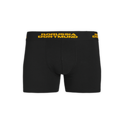 Schwarze BVB-Boxershorts mit gelbem Borussia Dortmund Schriftzug auf dem Bund, Vorderansicht.