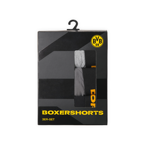 BVB Boxershorts 3er-Set in schwarzgelber Verpackung mit BVB-Logo, ideal für Fans von Borussia Dortmund.