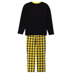 Borussia Dortmund pajamas featuring a black long-sleeved top and yellow-and-black plaid pants—perfect for fans.