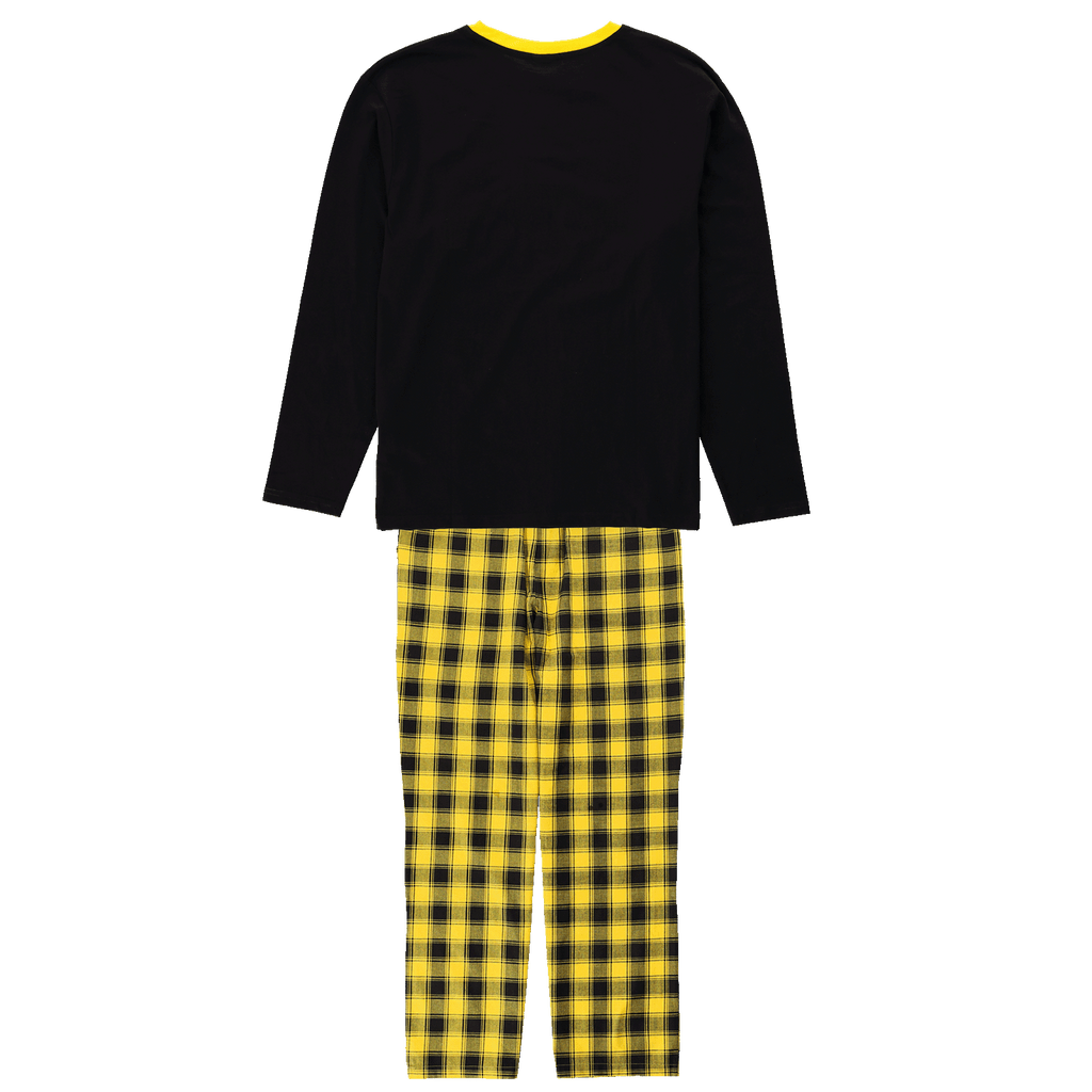 Schlafanzug von Borussia Dortmund mit schwarzem Langarm-Oberteil und gelb-schwarz karierter Hose, ideal für Fans.