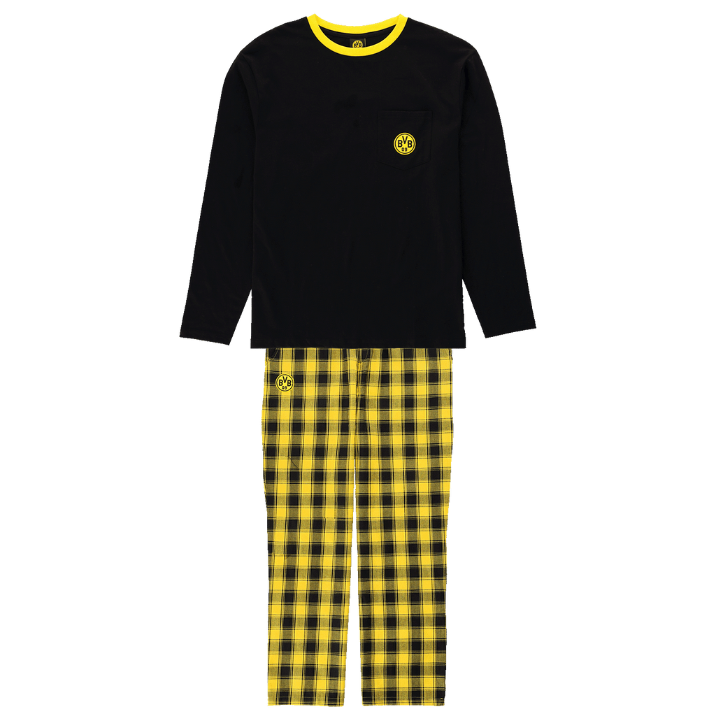 Schlafanzug von Borussia Dortmund mit langärmeligem schwarzen Oberteil und schwarzgelb karierter Hose, inklusive BVB-Logo auf Brust und Hosenbein.