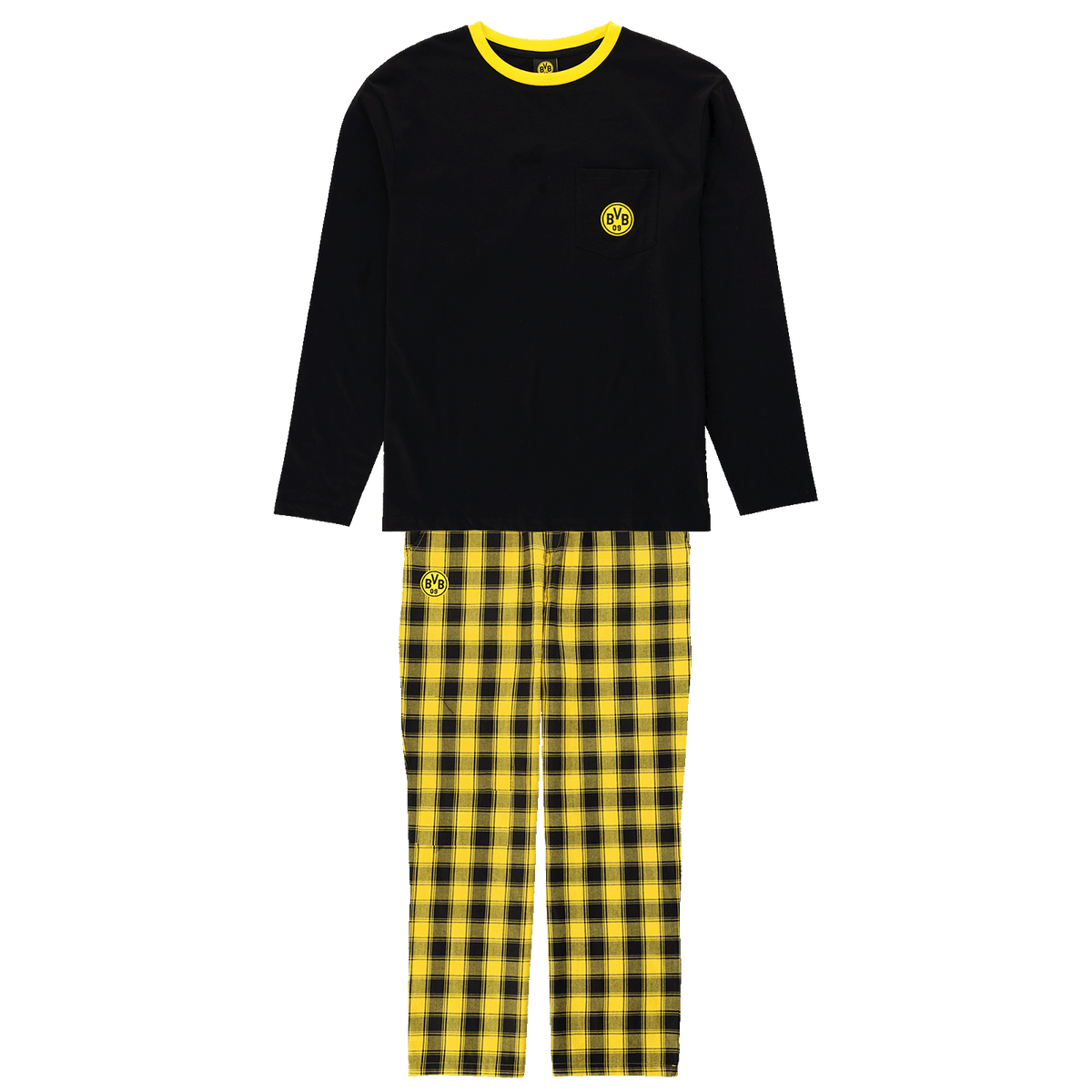 多特蒙德（Borussia Dortmund）睡衣，上衣为黑色长袖，下装为黑黄格纹长裤，胸前和裤腿处均印有BVB标志。