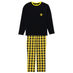 Borussia Dortmund pajamas featuring a long-sleeved black top and black-and-yellow plaid pants, with the BVB logo on the chest and pant leg.