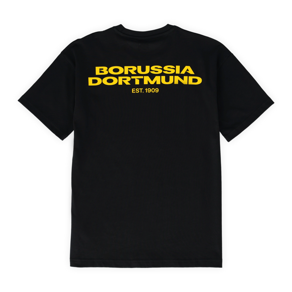Schwarzes BVB-T-Shirt in Rückansicht mit gelbem Borussia Dortmund Schriftzug und Est. 1909.