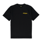 Schwarzes BVB-T-Shirt mit gelbem Borussia Dortmund-Schriftzug auf der linken Brust, Vorderansicht.