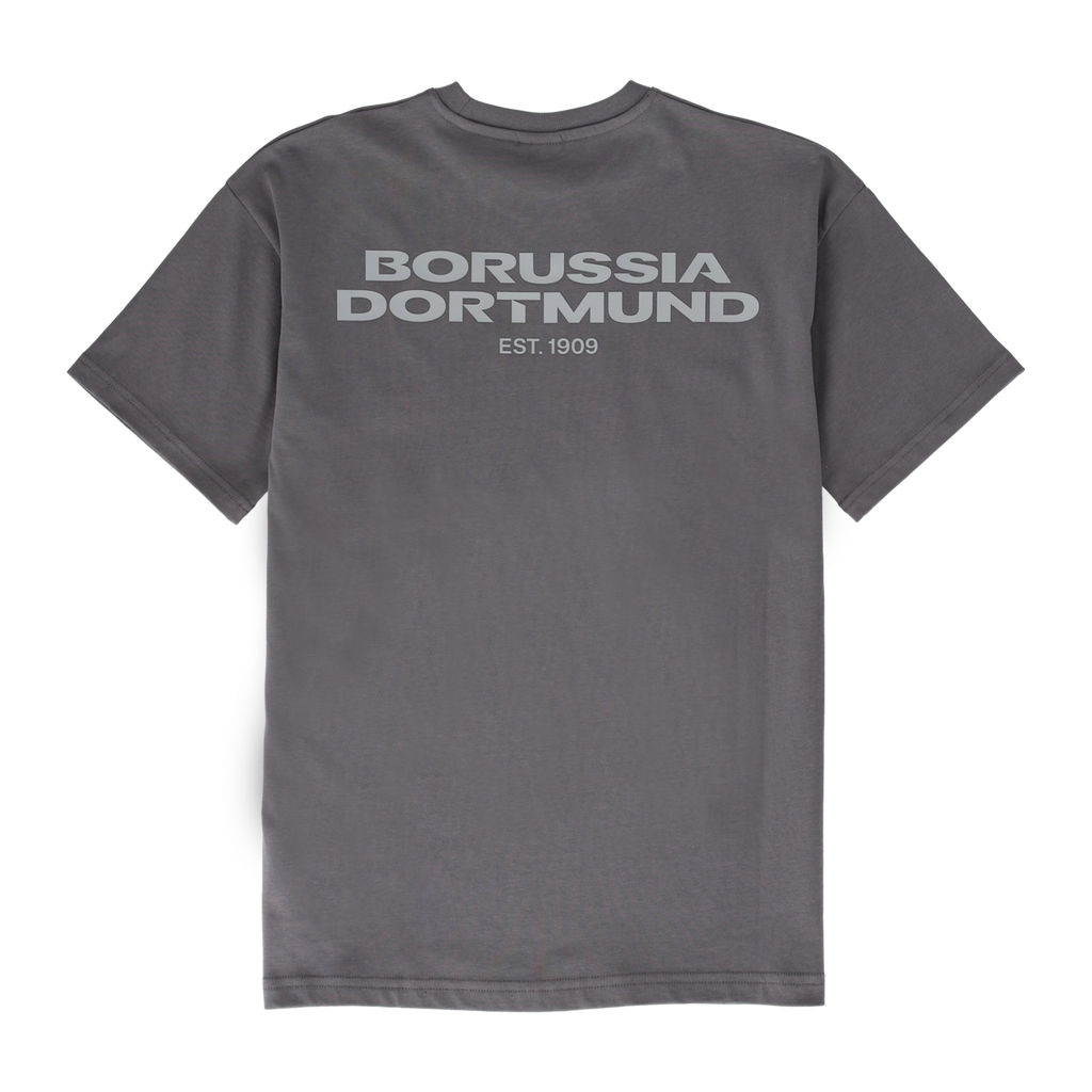 Rückansicht des grauen BVB-Shirts mit Aufdruck 'Borussia Dortmund EST. 1909'.