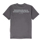 Rückansicht des grauen BVB-Shirts mit Aufdruck 'Borussia Dortmund EST. 1909'.