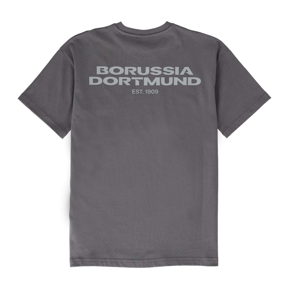 Rückansicht des grauen BVB-Shirts mit Aufdruck 'Borussia Dortmund EST. 1909'.
