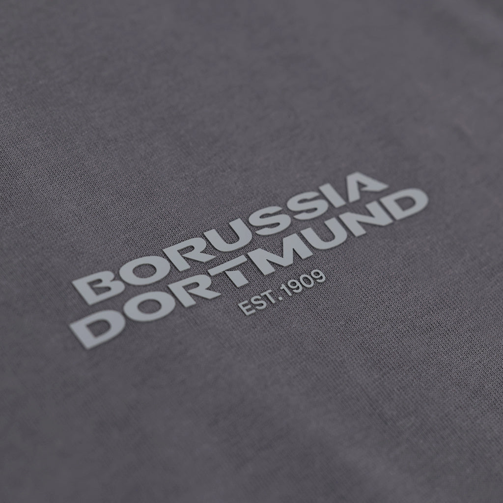 Nahaufnahme eines grauen BVB-Shirts mit weißem Borussia Dortmund Schriftzug und EST.1909 Aufdruck.