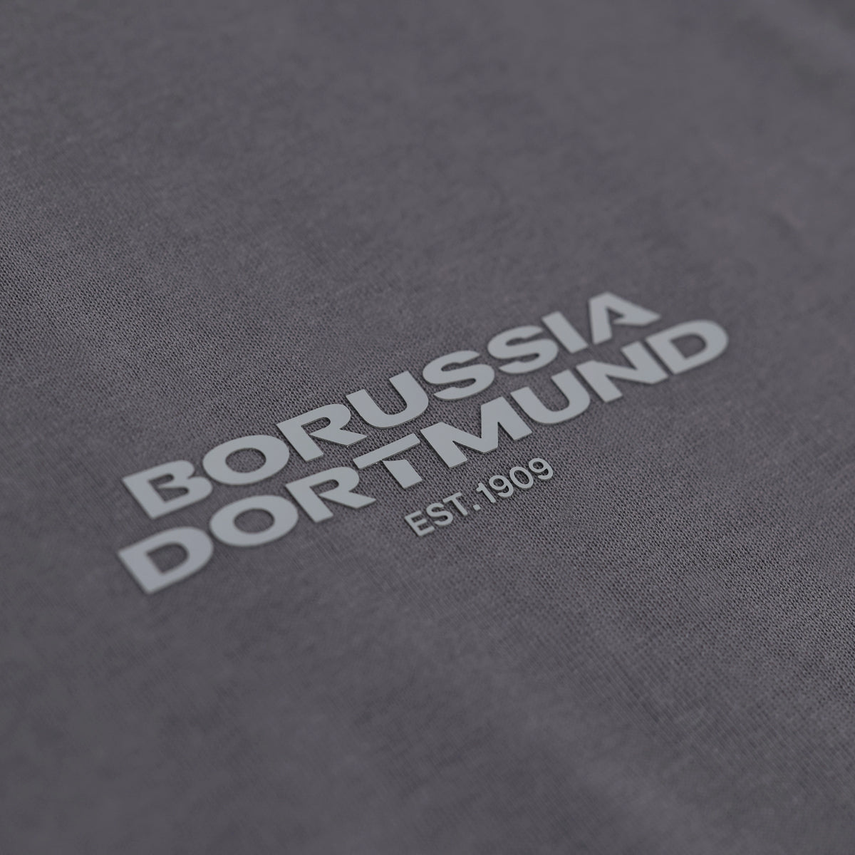Nahaufnahme eines grauen BVB-Shirts mit weißem Borussia Dortmund Schriftzug und EST.1909 Aufdruck.
