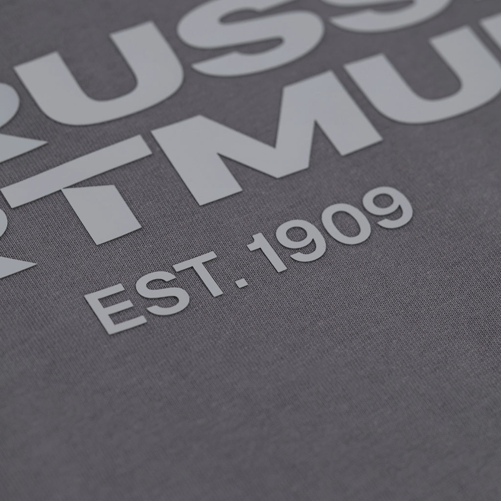 Detailaufnahme eines grauen BVB Urban T-Shirts mit großem weißen Schriftzug 'EST. 1909' und sichtbaren Elementen des Vereinsnamens Borussia Dortmund.
