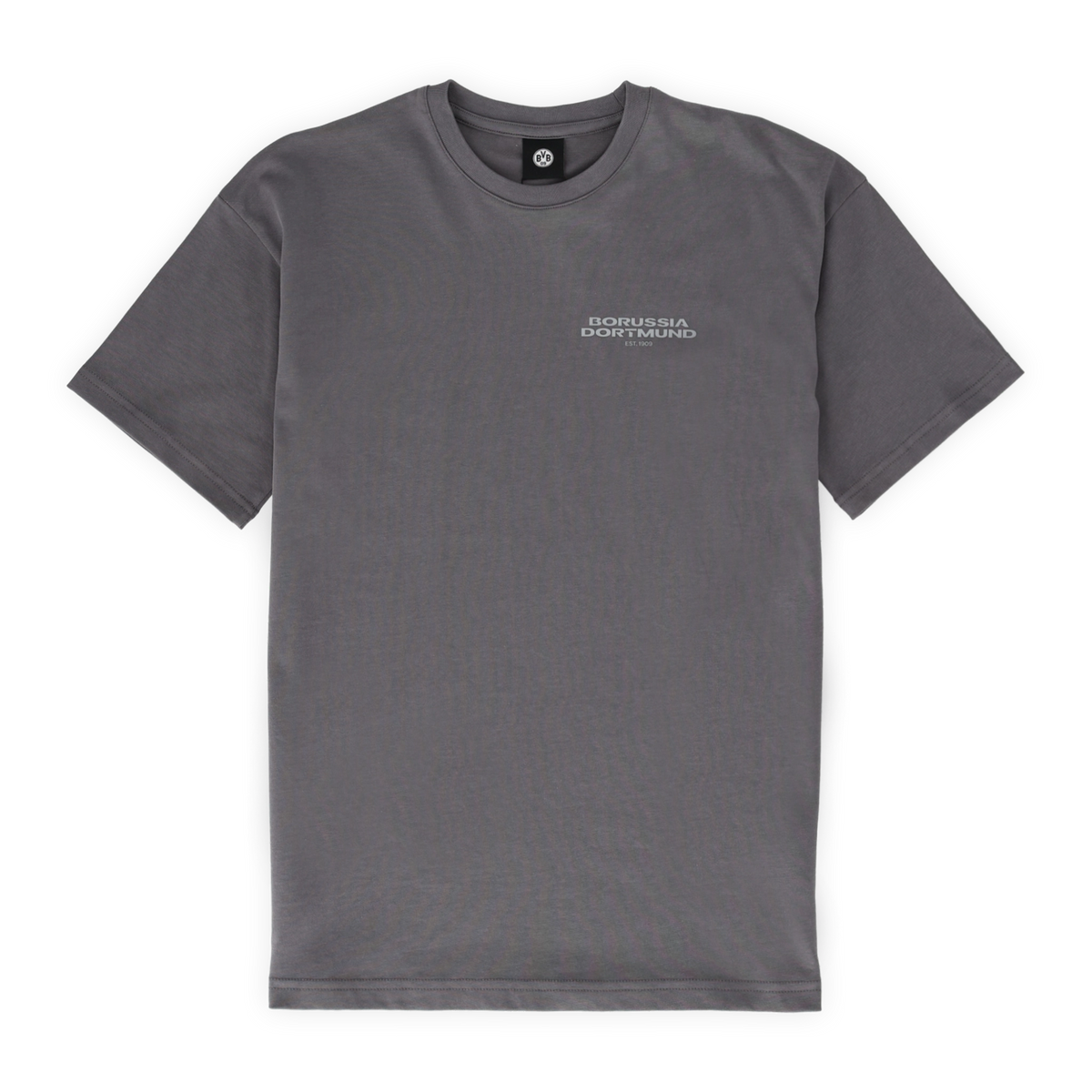 Graues Urban T-Shirt mit Borussia Dortmund Logo auf der Vorderseite. Ideal als Fanartikel.