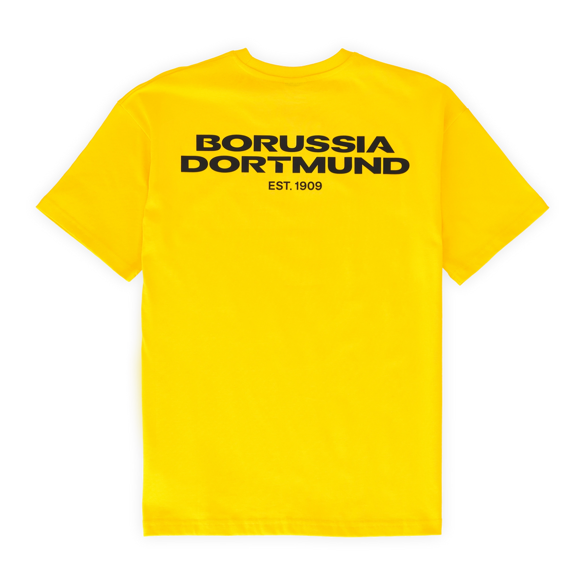 Rückansicht eines gelben T-Shirts von Borussia Dortmund mit schwarzem Schriftzug Borussia Dortmund und EST. 1909 auf der Rückseite.