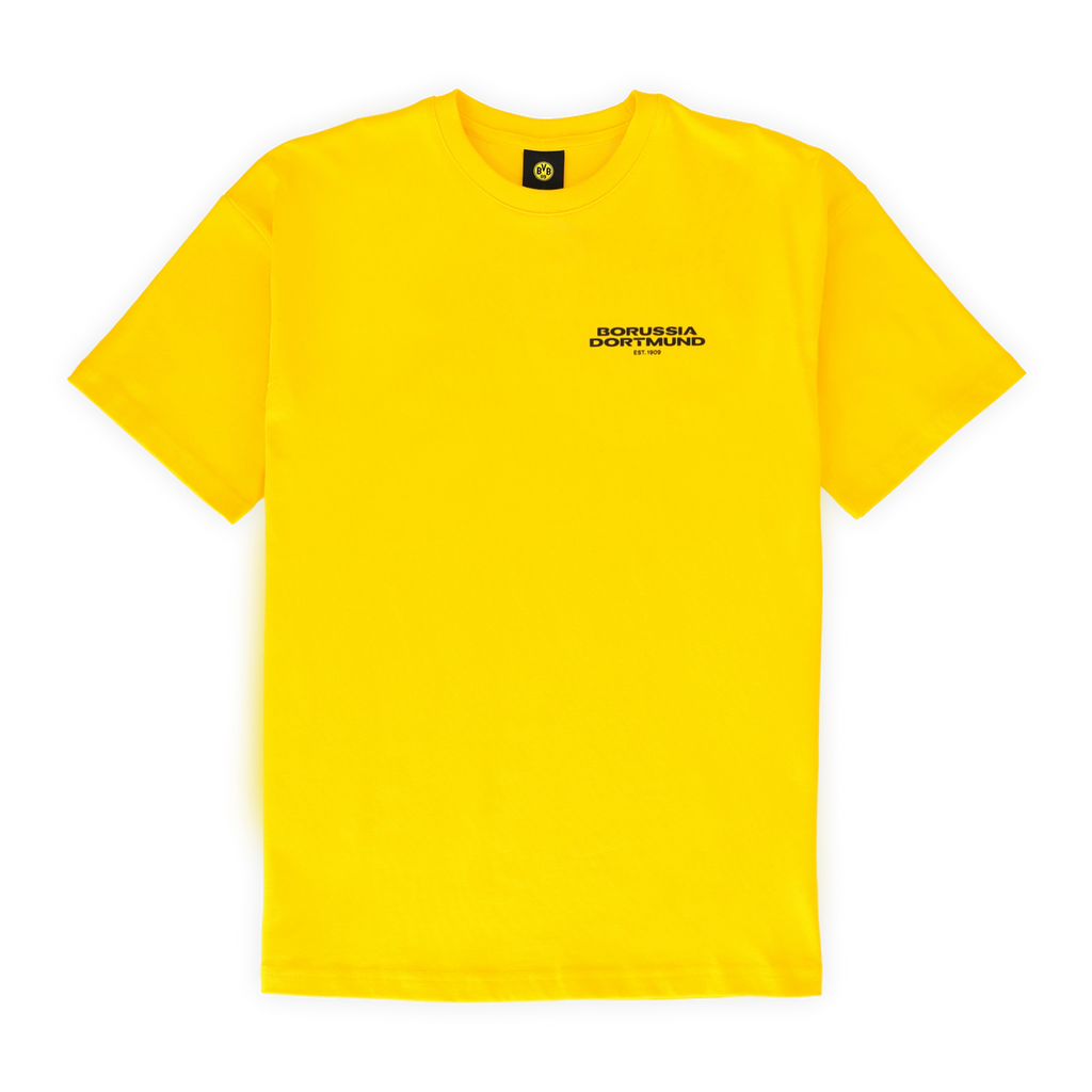 Gelbes T-Shirt des BVB in Vorderansicht, mit schwarzem Borussia Dortmund-Logo auf der Brust, sportliches Design.